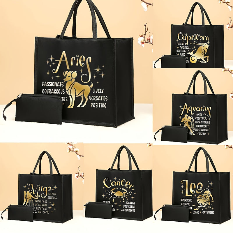 2pc/set Large-Capacity Foldable Twelve Zodiac Signs Pattern Tote Bag with Coin Purse, Portable Handbag for Shopping Travel Picnic