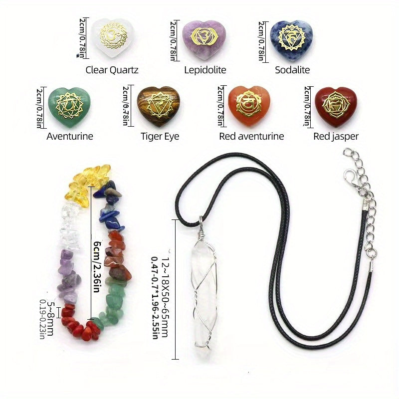 9 Pack Spiritual Meditation Natural Crystal Heart Gemstone Energy Necklace lihe 7 Chakras Reiki Healing Stones Yoga Collection Gift