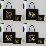 2pc Twelve Zodiac Pattern Tote Bag Set, Lightweight Burlap Shopping Bag, Portable Travel Beach Bag With Makeup Bag