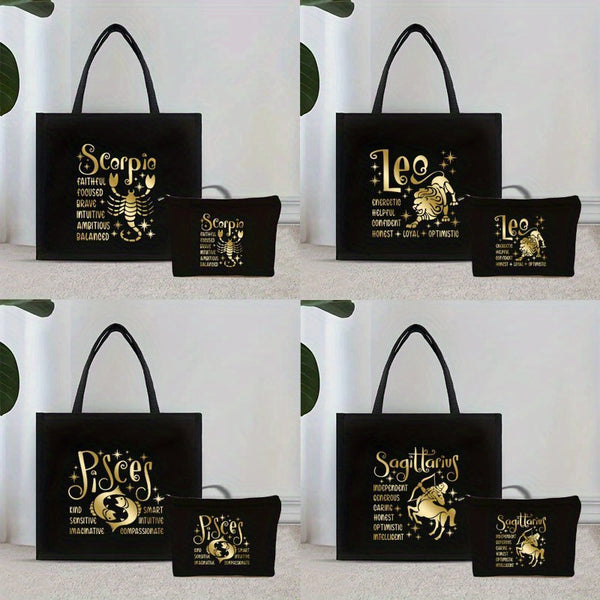 2pc Twelve Zodiac Pattern Tote Bag Set, Lightweight Burlap Shopping Bag, Portable Travel Beach Bag With Makeup Bag