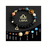 Universe Galaxy Eight Planets 12 Constellation Natural Stone Stainless Steel Golden Color Solar System Pendant Bracelet