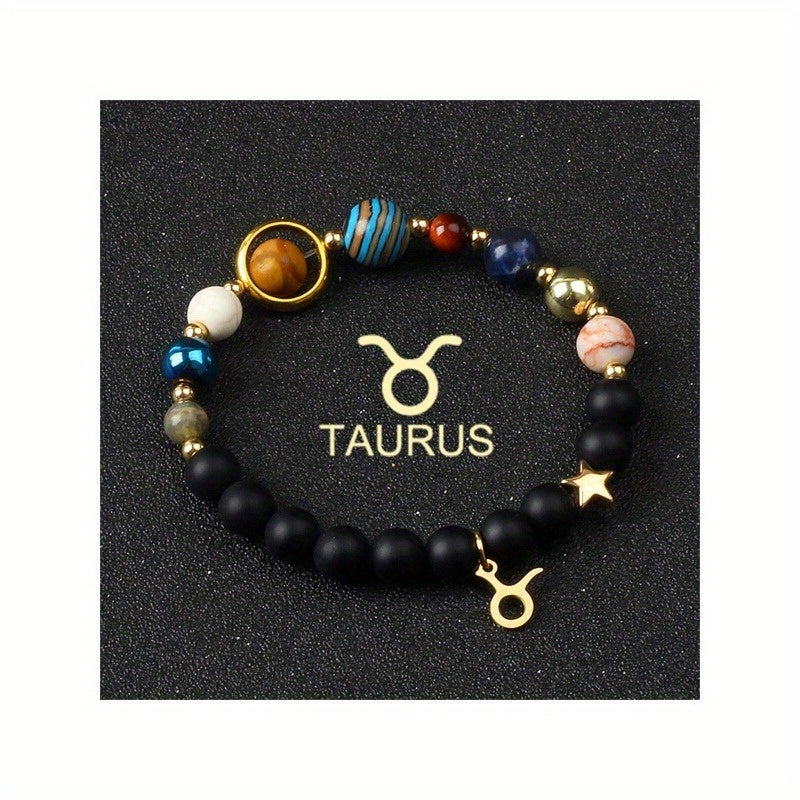 Universe Galaxy Eight Planets 12 Constellation Natural Stone Stainless Steel Golden Color Solar System Pendant Bracelet