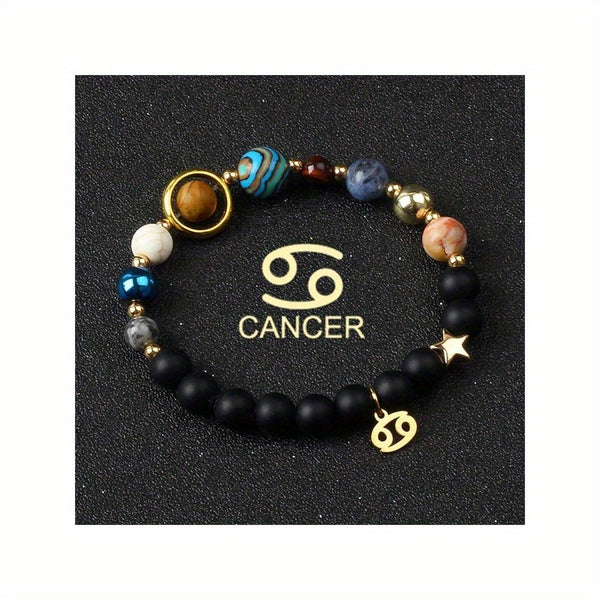 Universe Galaxy Eight Planets 12 Constellation Natural Stone Stainless Steel Golden Color Solar System Pendant Bracelet