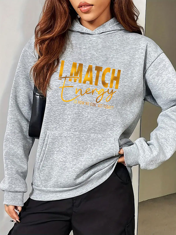 Golden Slogan Print Long Sleeve Hoodie – Women's Sportswear for Fall & Winter with Kangaroo Pockets