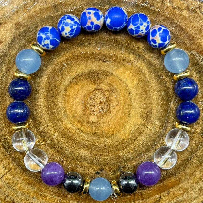 Handmade Natural Lapis Lazuli, Iron Ore, and Synthetic Crystal Bracelet – For Wealth, Courage, and Stress Relief