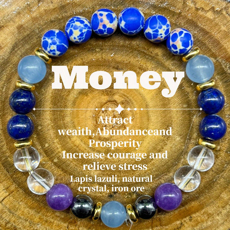 Handmade Natural Lapis Lazuli, Iron Ore, and Synthetic Crystal Bracelet – For Wealth, Courage, and Stress Relief