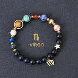 Universe Galaxy Eight Planets 12 Constellation Natural Stone Stainless Steel Golden Color Solar System Pendant Bracelet