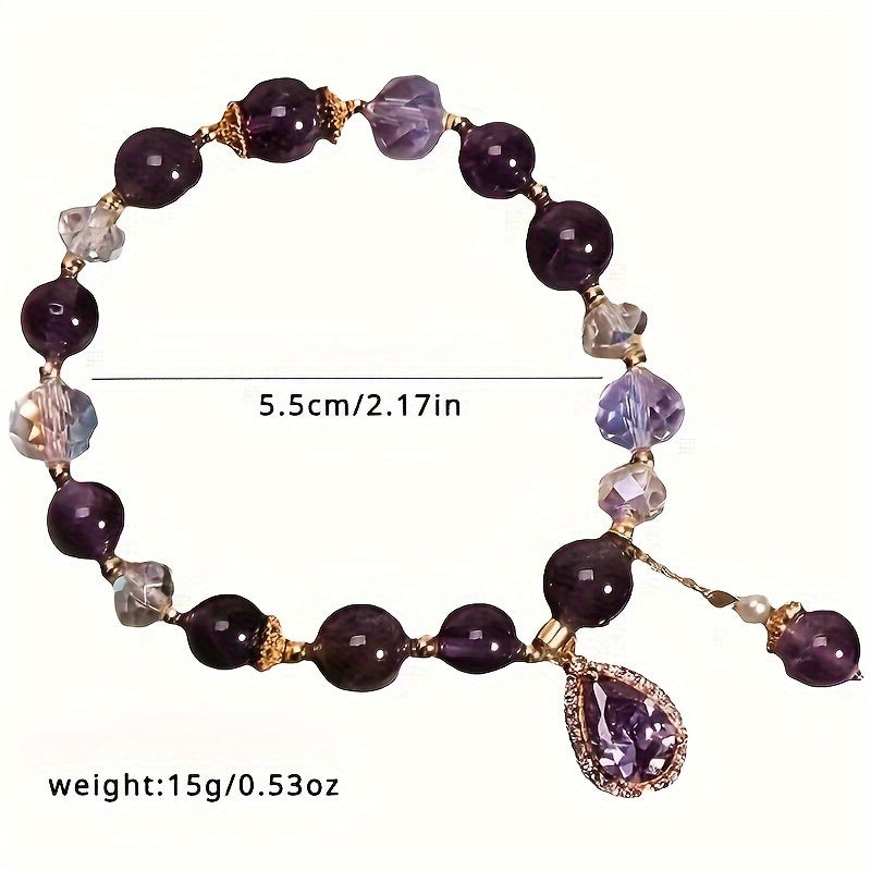 Amethyst Crystal Beaded Bracelet with Zirconia Heart Charm - Natural Crystal Gemstone Jewelry for Women