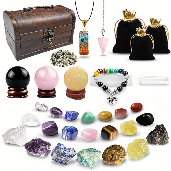 32pcs Energy Crystal Kit for Beginners - Includes 14 Natural Tumbled Stones &amp; 7 Chakra Beads, Pendulums &amp; Selenites