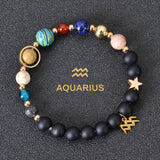 Universe Galaxy Eight Planets 12 Constellation Natural Stone Stainless Steel Golden Color Solar System Pendant Bracelet