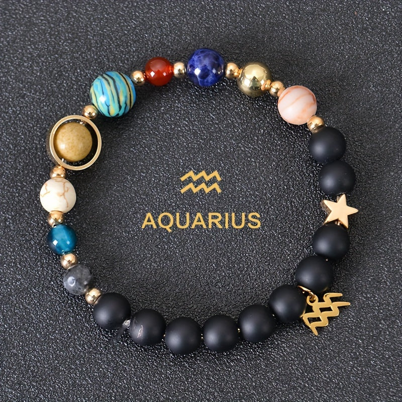 Universe Galaxy Eight Planets 12 Constellation Natural Stone Stainless Steel Golden Color Solar System Pendant Bracelet