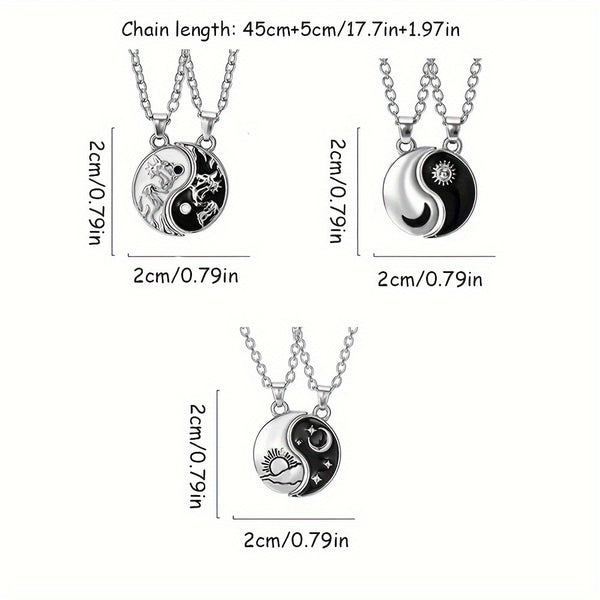 2pcs Dragon Tai Chi BFF Necklace For Men And Women, Vintage Style Adjustable Yin Yang Moon Sun Pendant For Couple, Retro Moon Star Alloy Round Black And White Necklace Jewelry Gift For Best Friends