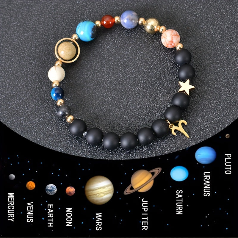 Universe Galaxy Eight Planets 12 Constellation Natural Stone Stainless Steel Golden Color Solar System Pendant Bracelet