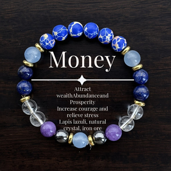 Handmade Natural Lapis Lazuli, Iron Ore, and Synthetic Crystal Bracelet – For Wealth, Courage, and Stress Relief