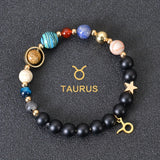 Universe Galaxy Eight Planets 12 Constellation Natural Stone Stainless Steel Golden Color Solar System Pendant Bracelet