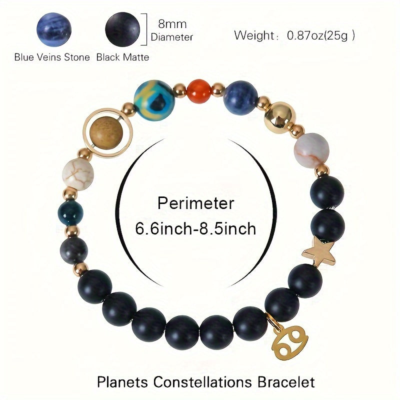 Universe Galaxy Eight Planets 12 Constellation Natural Stone Stainless Steel Golden Color Solar System Pendant Bracelet