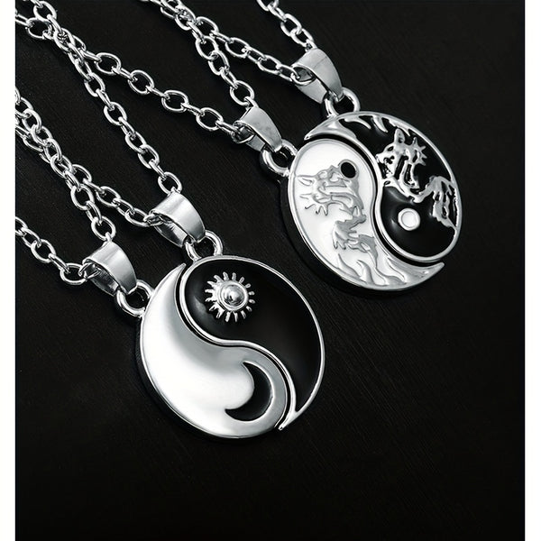 2pcs Dragon Tai Chi BFF Necklace For Men And Women, Vintage Style Adjustable Yin Yang Moon Sun Pendant For Couple, Retro Moon Star Alloy Round Black And White Necklace Jewelry Gift For Best Friends