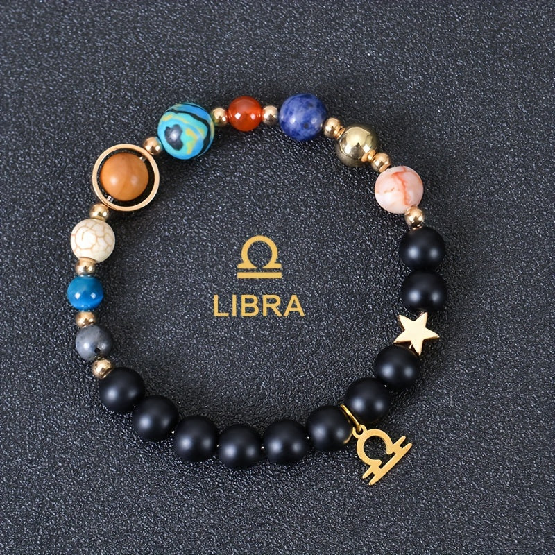 Universe Galaxy Eight Planets 12 Constellation Natural Stone Stainless Steel Golden Color Solar System Pendant Bracelet