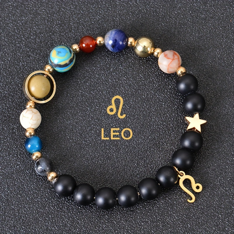 Universe Galaxy Eight Planets 12 Constellation Natural Stone Stainless Steel Golden Color Solar System Pendant Bracelet